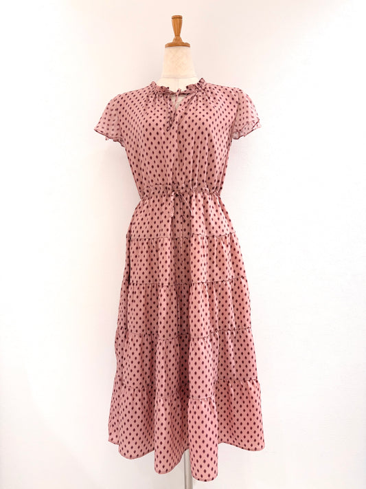 フレンチスリーブワンピース〈ピンク柄〉