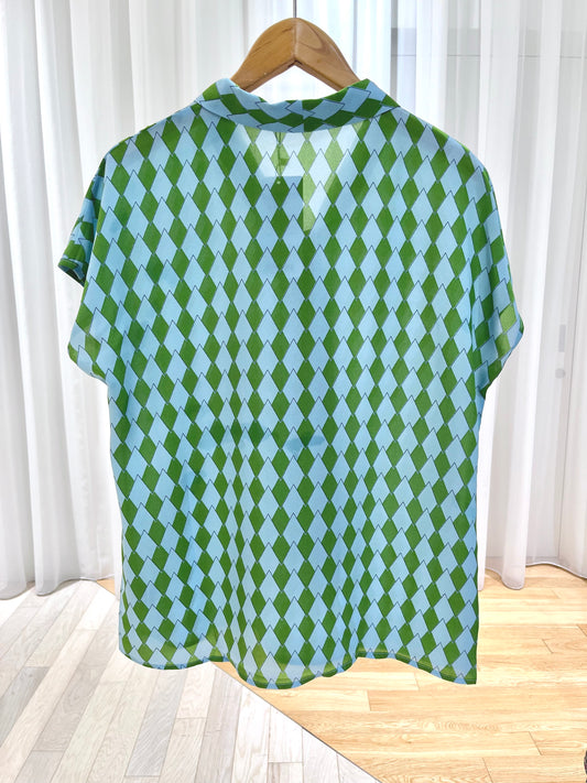 L XL 再入荷 フレンチスリーブブラウス〈green print〉