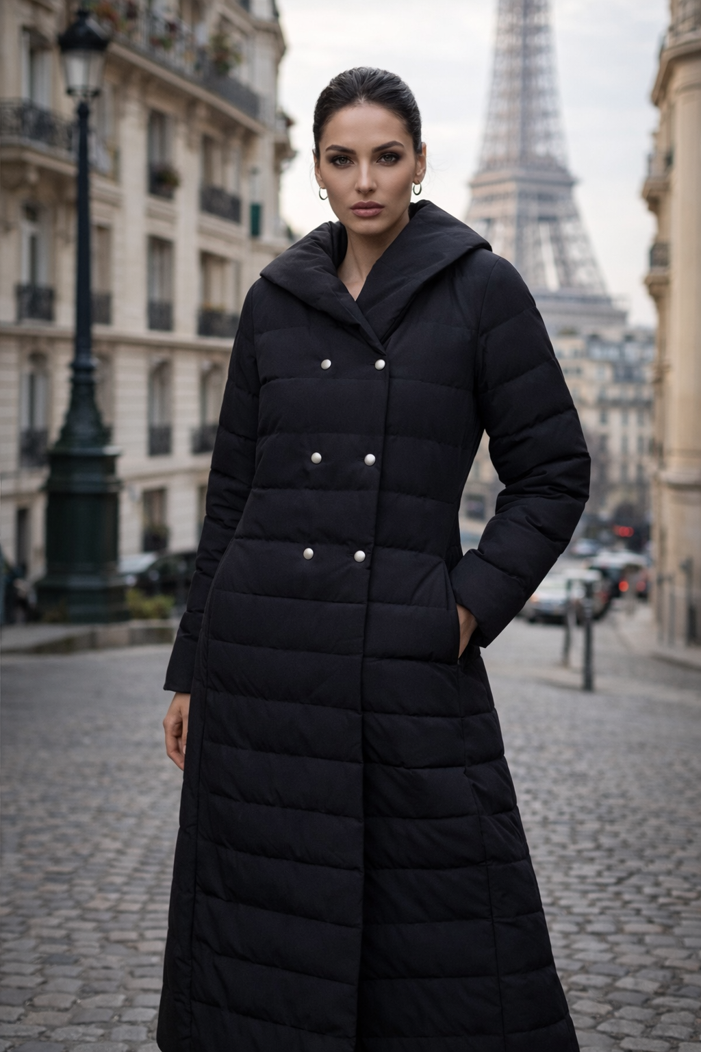 Hooded down coat in black